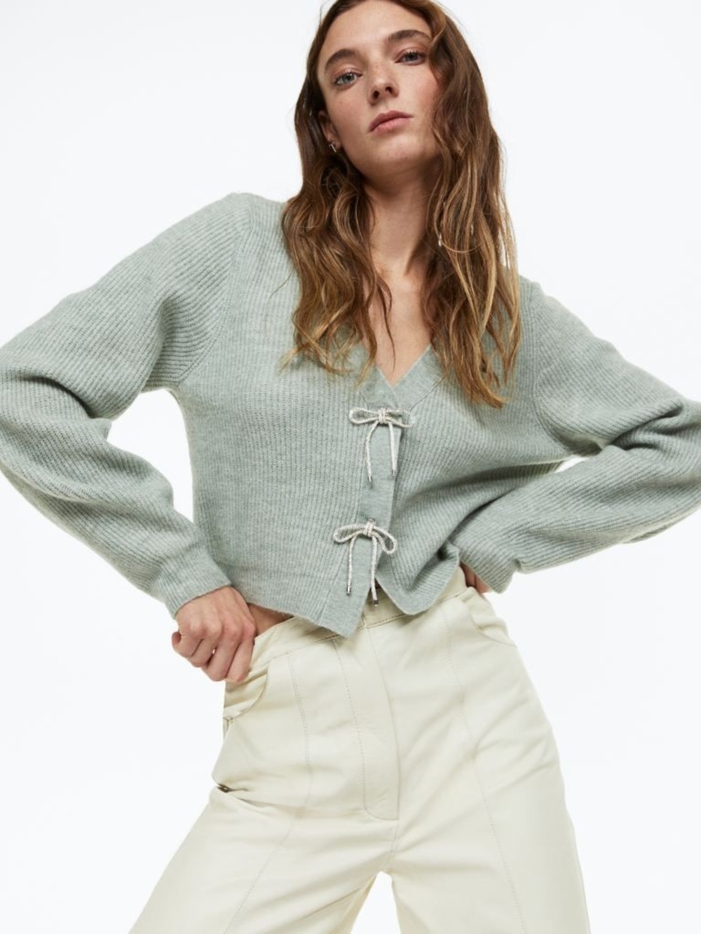 H&M Pale Sage Green Bow Cardigan Sweater Rhinestone Sparkle Ribbed Knit L